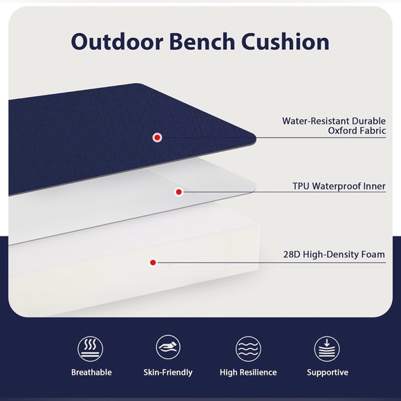 Outdoor Bench Cushion 48" x 18" - Waterproof Navy Blue - Picture 2 of 5